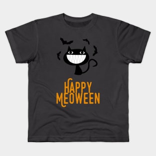 Happy Meoween – Bats and Grinning Black Cat Kids T-Shirt